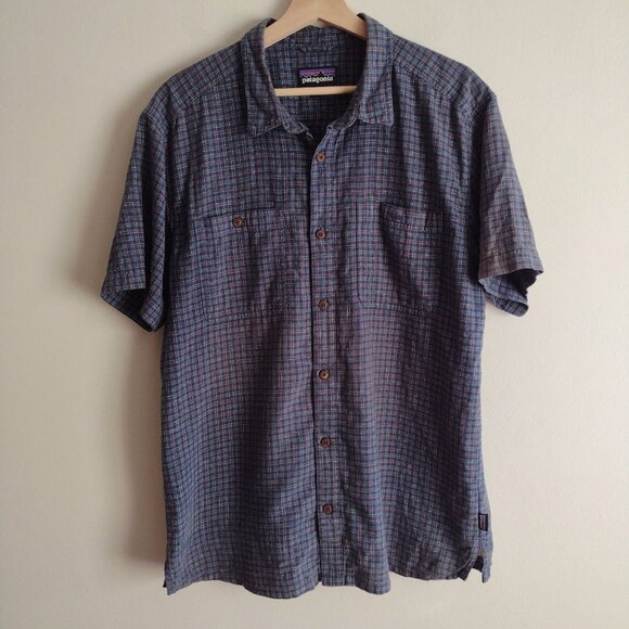 Patagonia Mens Button Front Shirt L Hemp Organic Cotton Blue Paid Button Front - Picture 1 of 10